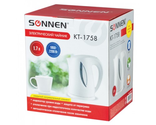 Чайник SONNEN KT-1758, 1,7л, 2200Вт, закрытый нагревательный элемент, пластик, белый, 453415