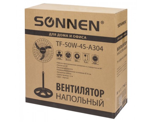 Вентилятор напольный, 3 режима, SONNEN TF-50W-45-А304, d=45 см, 50Вт, черный, 454789